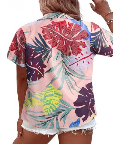 Women Plus Size Hawaii Shirts V Neck Floral Tropical Printed Tops Summer Short Sleeve Front Button Up Shirts (1X-5X) Pink Pri...