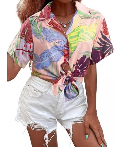 Women Plus Size Hawaii Shirts V Neck Floral Tropical Printed Tops Summer Short Sleeve Front Button Up Shirts (1X-5X) Pink Pri...