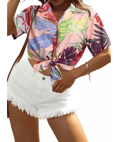 Women Plus Size Hawaii Shirts V Neck Floral Tropical Printed Tops Summer Short Sleeve Front Button Up Shirts (1X-5X) Pink Pri...