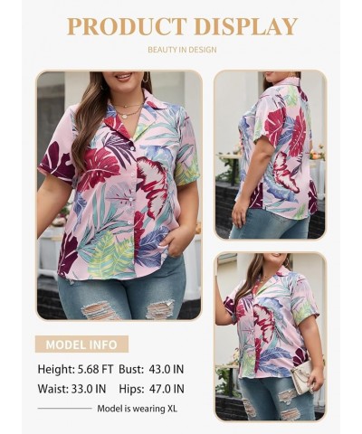 Women Plus Size Hawaii Shirts V Neck Floral Tropical Printed Tops Summer Short Sleeve Front Button Up Shirts (1X-5X) Pink Pri...