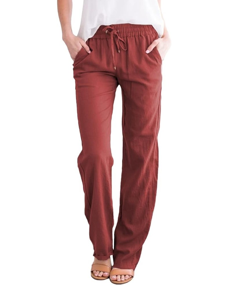 Linen Pants Women Straight Leg Drawstring Sweatpants Pants with Pockets High Waist Casual Lounge Pant Trousers Red-5 $8.95 Ac...