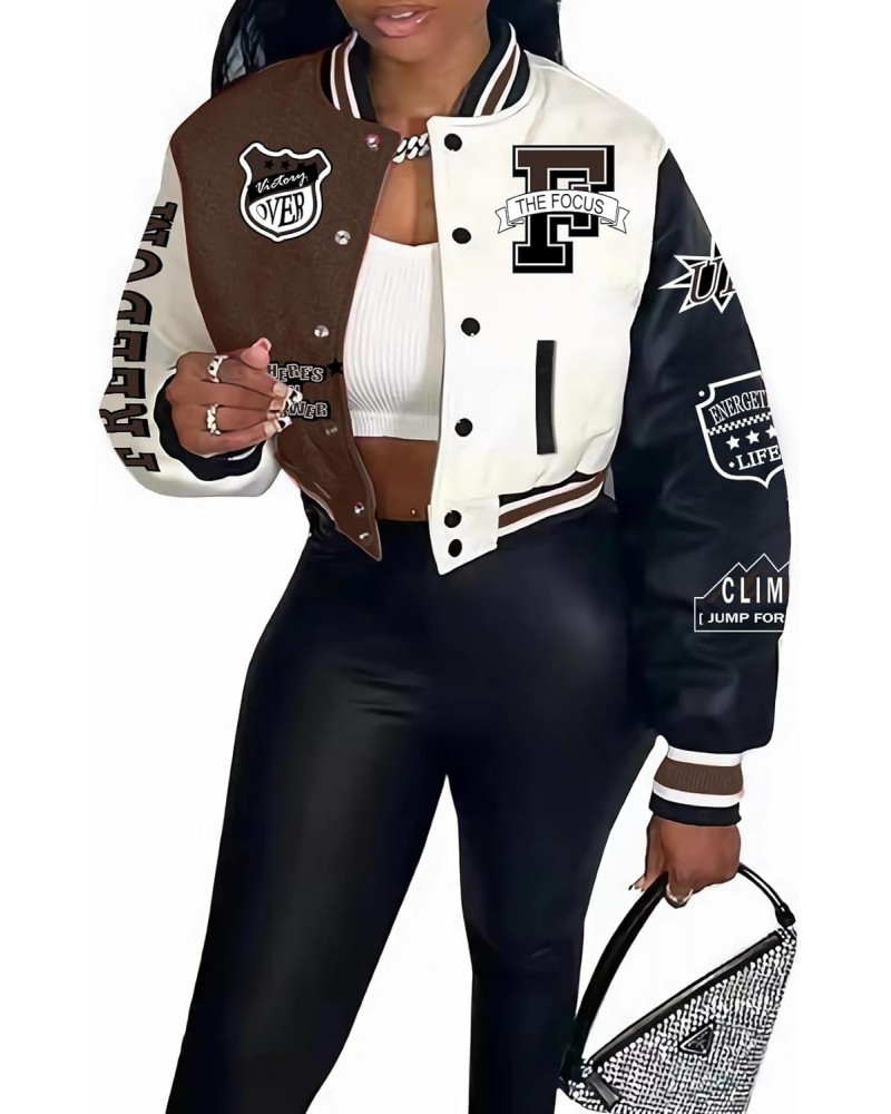 Women's Varsity Jacket Print Cropped Color Block Jacket 2024 Unisex Baseball Bomber Y2K Streetwear Coats(Brown-L) $20.24 Jackets