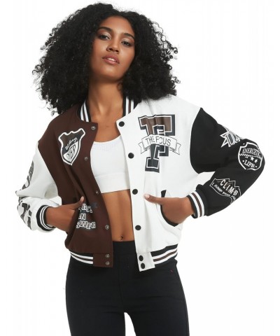 Women's Varsity Jacket Print Cropped Color Block Jacket 2024 Unisex Baseball Bomber Y2K Streetwear Coats(Brown-L) $20.24 Jackets