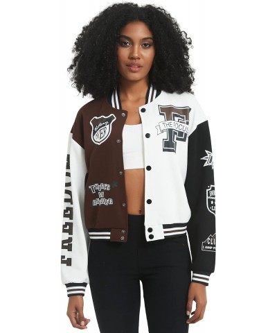 Women's Varsity Jacket Print Cropped Color Block Jacket 2024 Unisex Baseball Bomber Y2K Streetwear Coats(Brown-L) $20.24 Jackets