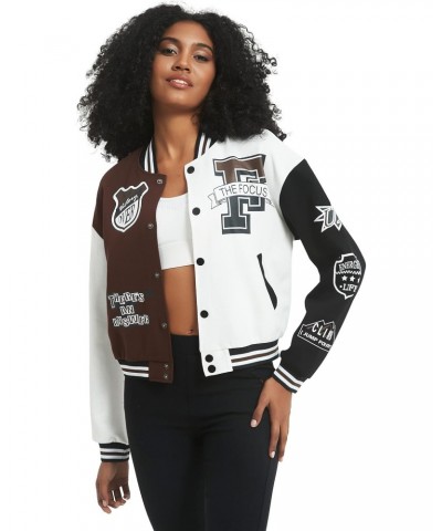 Women's Varsity Jacket Print Cropped Color Block Jacket 2024 Unisex Baseball Bomber Y2K Streetwear Coats(Brown-L) $20.24 Jackets