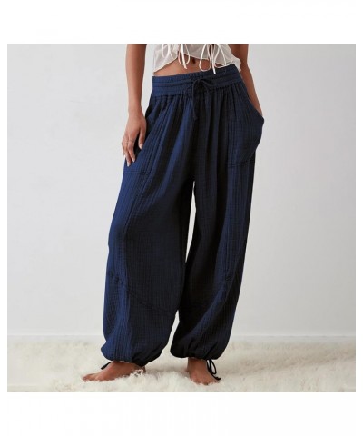 Women Wide Leg Cotton Linen Hippie Pants Elastic High Waisted Drawstring Solid Color Patchwork Casual Vintage Trousers A01_na...