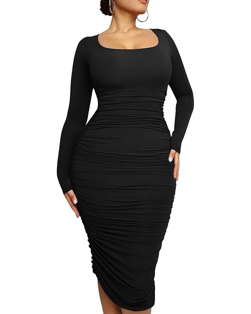 Women's Plus Size Sexy Bodycon Long Sleeve Scoop Neck Ruched Basic Midi Party Dress Black $17.97 Dresses