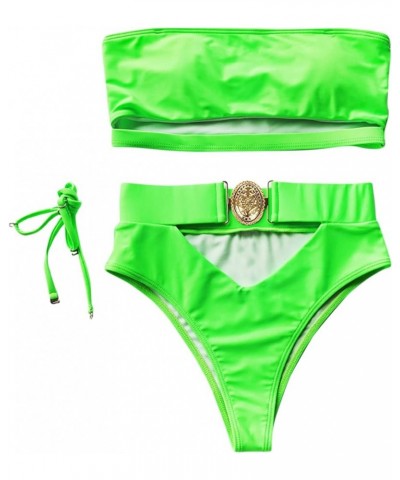 Women 2 Piece Sexy Underboob Cut Out Bikini Swimwear Silver Leather Patchwork Bathing Suit Neon Green $17.97 Swimsuits