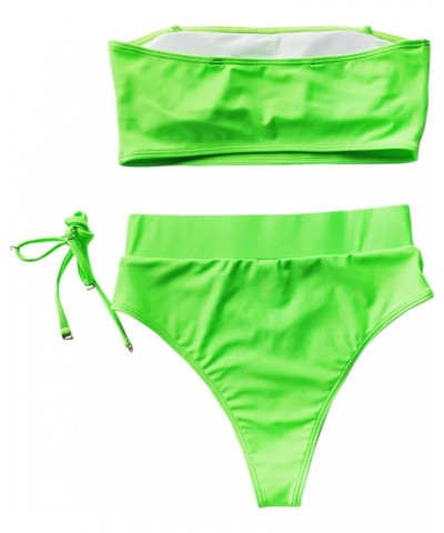 Women 2 Piece Sexy Underboob Cut Out Bikini Swimwear Silver Leather Patchwork Bathing Suit Neon Green $17.97 Swimsuits