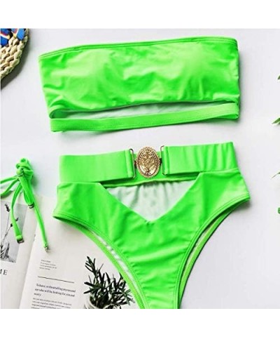 Women 2 Piece Sexy Underboob Cut Out Bikini Swimwear Silver Leather Patchwork Bathing Suit Neon Green $17.97 Swimsuits