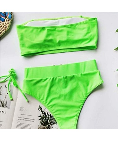 Women 2 Piece Sexy Underboob Cut Out Bikini Swimwear Silver Leather Patchwork Bathing Suit Neon Green $17.97 Swimsuits