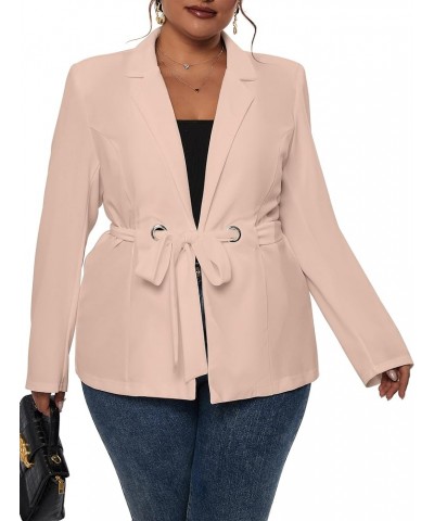 Women's Plus Size Long Sleeve Blazer Casual Fall Open Front Collar Cardigan Lapel Office Jacket Work Suit with Belt Light Apr...