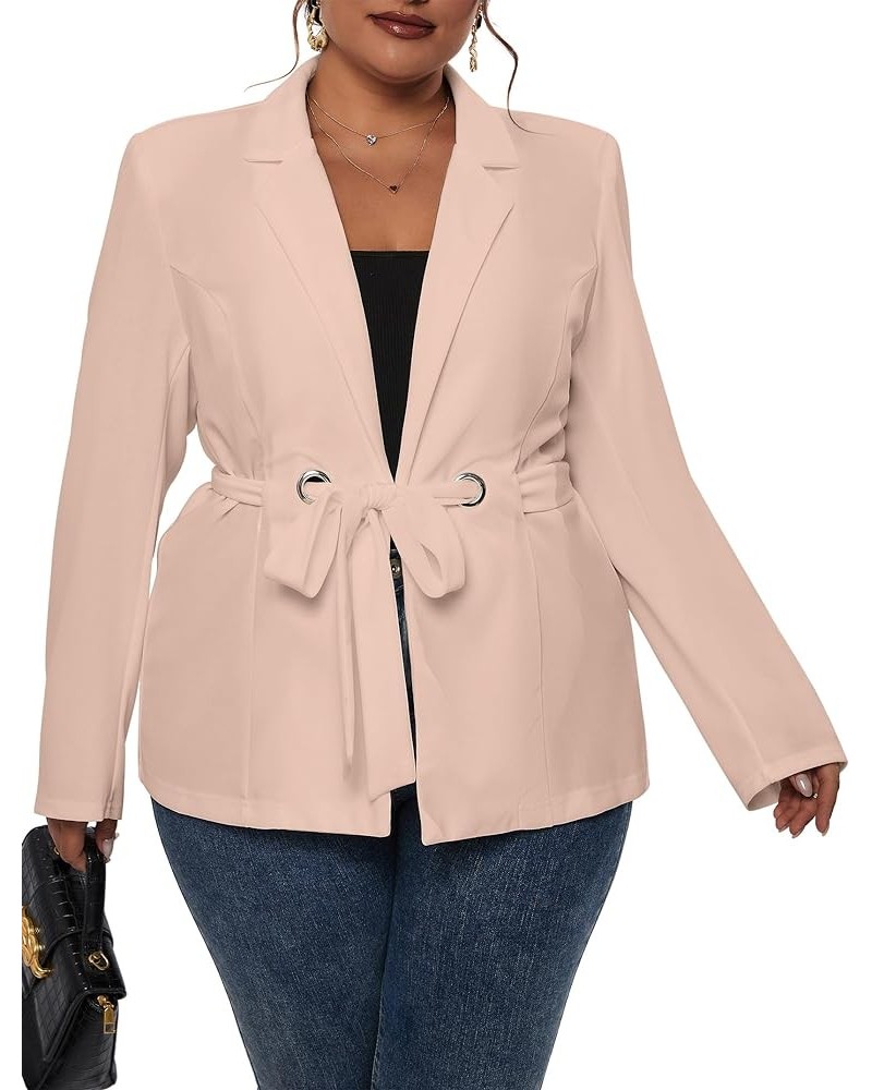 Women's Plus Size Long Sleeve Blazer Casual Fall Open Front Collar Cardigan Lapel Office Jacket Work Suit with Belt Light Apr...