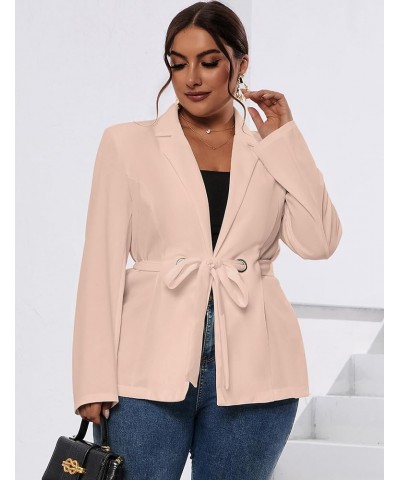 Women's Plus Size Long Sleeve Blazer Casual Fall Open Front Collar Cardigan Lapel Office Jacket Work Suit with Belt Light Apr...