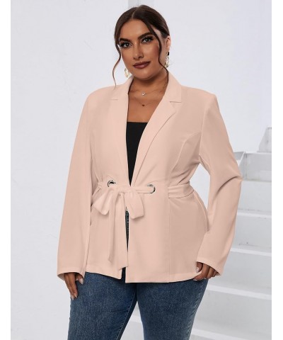 Women's Plus Size Long Sleeve Blazer Casual Fall Open Front Collar Cardigan Lapel Office Jacket Work Suit with Belt Light Apr...