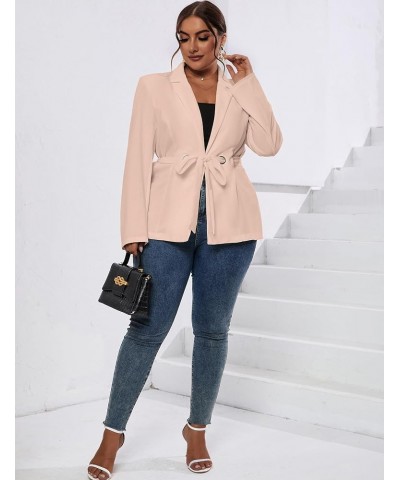 Women's Plus Size Long Sleeve Blazer Casual Fall Open Front Collar Cardigan Lapel Office Jacket Work Suit with Belt Light Apr...