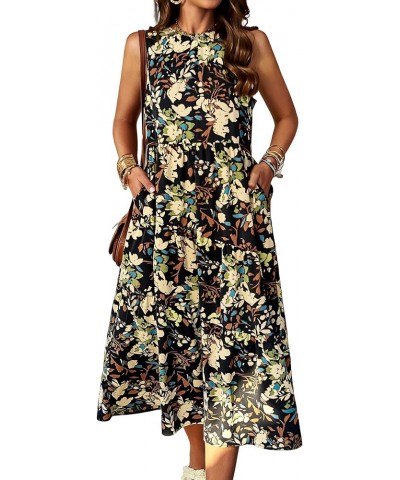 Women's Casual Summer Sleeveless Dress Halter Neck Loose Vintage Floral Print Tiered Boho Midi Dresses with Pockets Black $11...