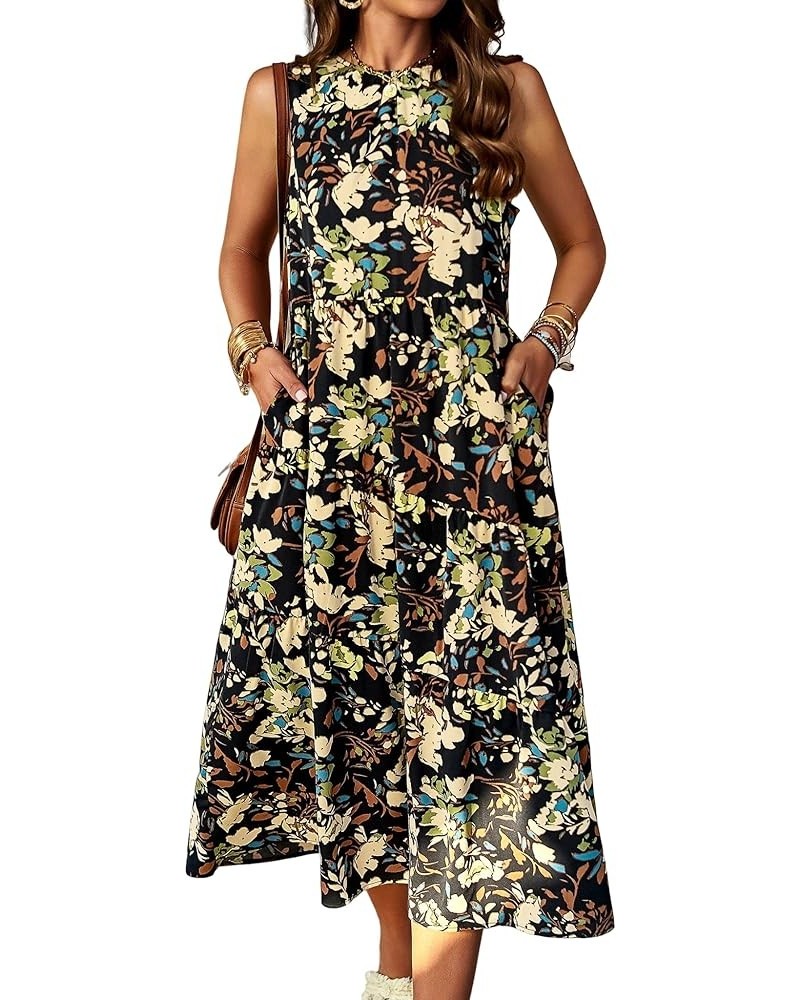 Women's Casual Summer Sleeveless Dress Halter Neck Loose Vintage Floral Print Tiered Boho Midi Dresses with Pockets Black $11...