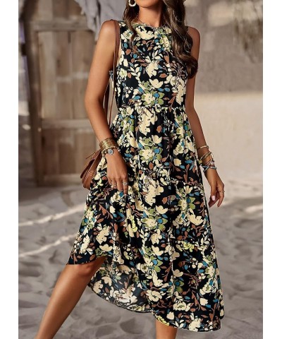 Women's Casual Summer Sleeveless Dress Halter Neck Loose Vintage Floral Print Tiered Boho Midi Dresses with Pockets Black $11...