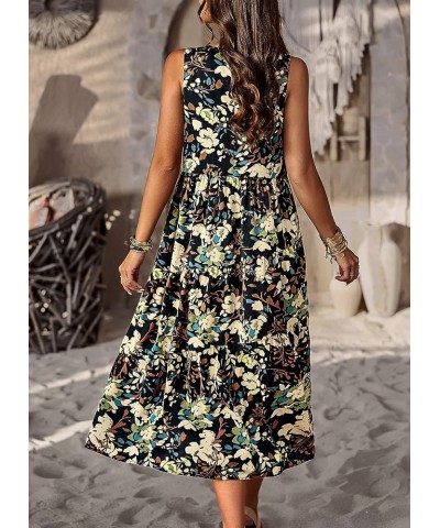 Women's Casual Summer Sleeveless Dress Halter Neck Loose Vintage Floral Print Tiered Boho Midi Dresses with Pockets Black $11...