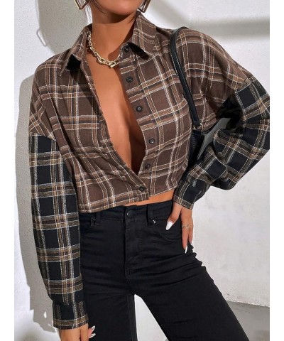 Women's Cute Color Block Long Sleeve Crop Tops Plaid Button Down Blouse Plaid Multicolor $11.75 Blouses