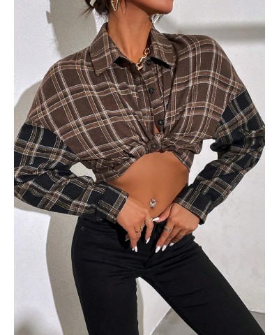 Women's Cute Color Block Long Sleeve Crop Tops Plaid Button Down Blouse Plaid Multicolor $11.75 Blouses