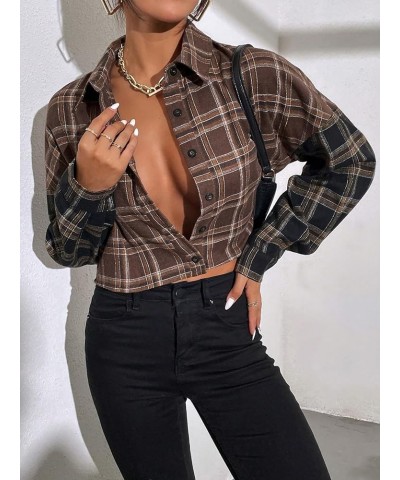 Women's Cute Color Block Long Sleeve Crop Tops Plaid Button Down Blouse Plaid Multicolor $11.75 Blouses