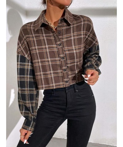 Women's Cute Color Block Long Sleeve Crop Tops Plaid Button Down Blouse Plaid Multicolor $11.75 Blouses