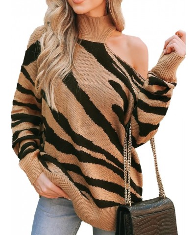 Women Sweater Turtleneck Brown Zebra Striped Dropped Long Sleeves Ribbed Jumper Tops Brown Striped $14.68 Sweaters