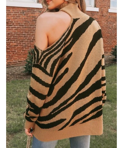 Women Sweater Turtleneck Brown Zebra Striped Dropped Long Sleeves Ribbed Jumper Tops Brown Striped $14.68 Sweaters