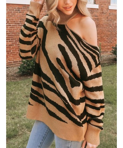 Women Sweater Turtleneck Brown Zebra Striped Dropped Long Sleeves Ribbed Jumper Tops Brown Striped $14.68 Sweaters