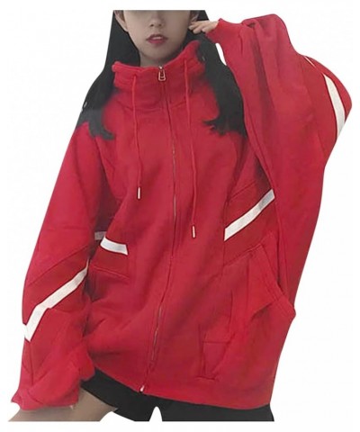 Womens Oversized Zip Up Hoodie Y2K Casual Long Sleeve Black Hooded Sweatshirt 90s Solid Zipper Jacket Cute Tops Z05 Red $10.7...