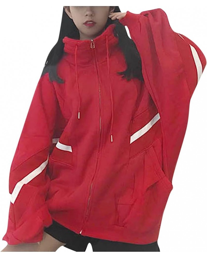 Womens Oversized Zip Up Hoodie Y2K Casual Long Sleeve Black Hooded Sweatshirt 90s Solid Zipper Jacket Cute Tops Z05 Red $10.7...