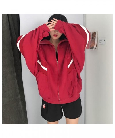 Womens Oversized Zip Up Hoodie Y2K Casual Long Sleeve Black Hooded Sweatshirt 90s Solid Zipper Jacket Cute Tops Z05 Red $10.7...