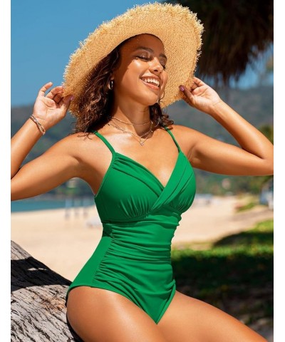 Women's One Piece Swimsuits Front Twist Swimwear V Neck Shirred Bathing Suit Monokini Tummy Control Green $13.95 Swimsuits