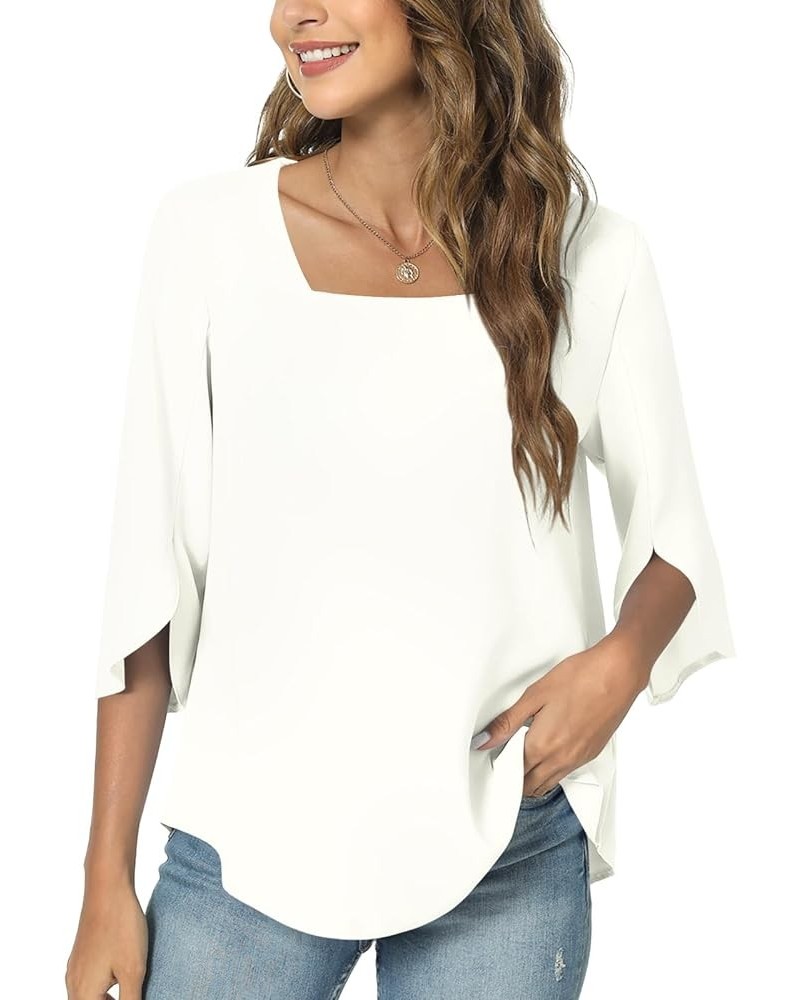 Womens 2024 Summer Casual Square Neck Loose Tunic Top for leggings 3/4 Sleeve Chiffon Blouse 03/White $18.89 Tops