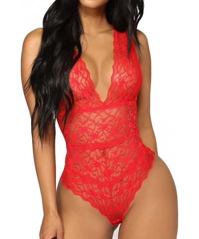 Lingerie for Women Sexy Bodysuit, One Piece Teedy Babydoll Bandage Embroidery Crochet Nighterdres Jumpsuit Red $4.28 Lingerie