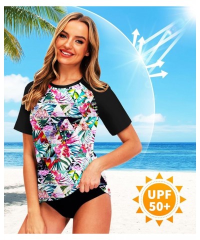 Women Short Sleeve Rash Guard UPF 50+ Tropical Sun Protection Floral Swim Shirts Tropical Black $14.57 Swimsuits