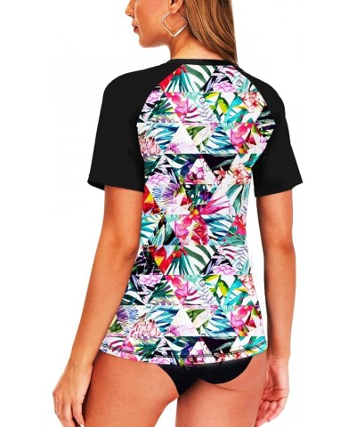 Women Short Sleeve Rash Guard UPF 50+ Tropical Sun Protection Floral Swim Shirts Tropical Black $14.57 Swimsuits