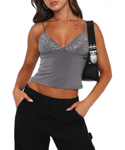 Women Sexy Spaghetti Strap Cami Tank Crop Tops Slim Fit Scoop Neck Camisole Basic Going Out Top Grey Lace $8.84 Tanks