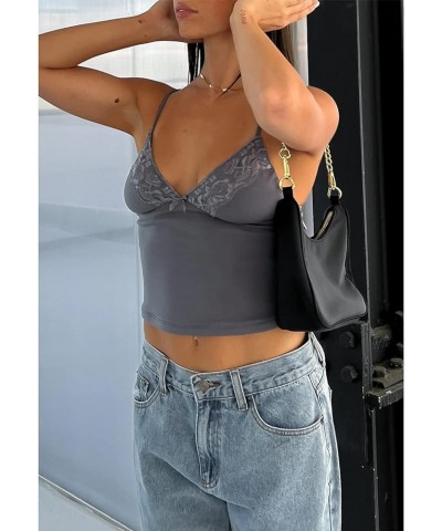 Women Sexy Spaghetti Strap Cami Tank Crop Tops Slim Fit Scoop Neck Camisole Basic Going Out Top Grey Lace $8.84 Tanks