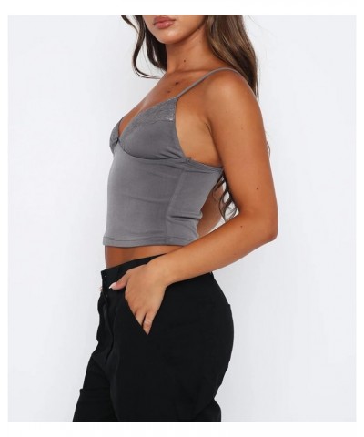 Women Sexy Spaghetti Strap Cami Tank Crop Tops Slim Fit Scoop Neck Camisole Basic Going Out Top Grey Lace $8.84 Tanks