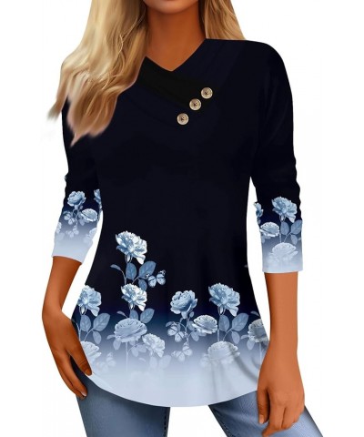 Trendy Tops for Women 2024 Cute Ethnic Floral Shirt 3/4 Sleeve Tops Boho Button V-Neck Tunic Tops Going Out Tops 09royal Blue...