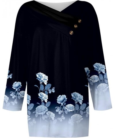 Trendy Tops for Women 2024 Cute Ethnic Floral Shirt 3/4 Sleeve Tops Boho Button V-Neck Tunic Tops Going Out Tops 09royal Blue...