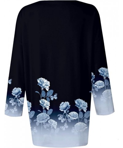 Trendy Tops for Women 2024 Cute Ethnic Floral Shirt 3/4 Sleeve Tops Boho Button V-Neck Tunic Tops Going Out Tops 09royal Blue...