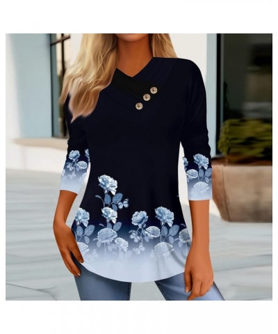 Trendy Tops for Women 2024 Cute Ethnic Floral Shirt 3/4 Sleeve Tops Boho Button V-Neck Tunic Tops Going Out Tops 09royal Blue...