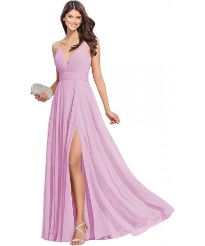 Women's Spaghetti V Neck Bridesmaid Dresses Long A-Line Split Chiffon Evening Formal Gown Candy Pink $28.60 Dresses