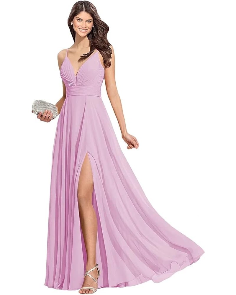 Women's Spaghetti V Neck Bridesmaid Dresses Long A-Line Split Chiffon Evening Formal Gown Candy Pink $28.60 Dresses