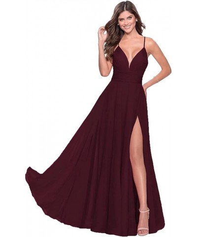 Women's Spaghetti V Neck Bridesmaid Dresses Long A-Line Split Chiffon Evening Formal Gown Candy Pink $28.60 Dresses