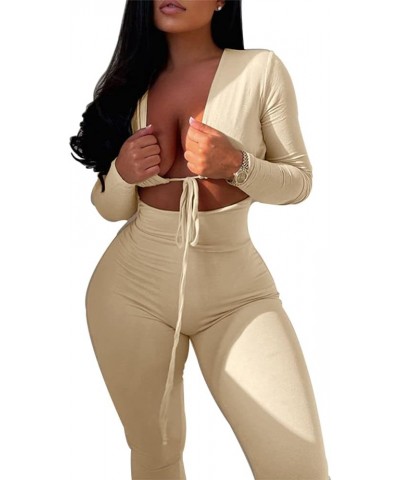 Women's Sexy Cut Out Bodycon Jumpsuit Lace Up Front V Neck One Piece Outfit Long Sleeve Rompers Apricot $17.39 Jumpsuits